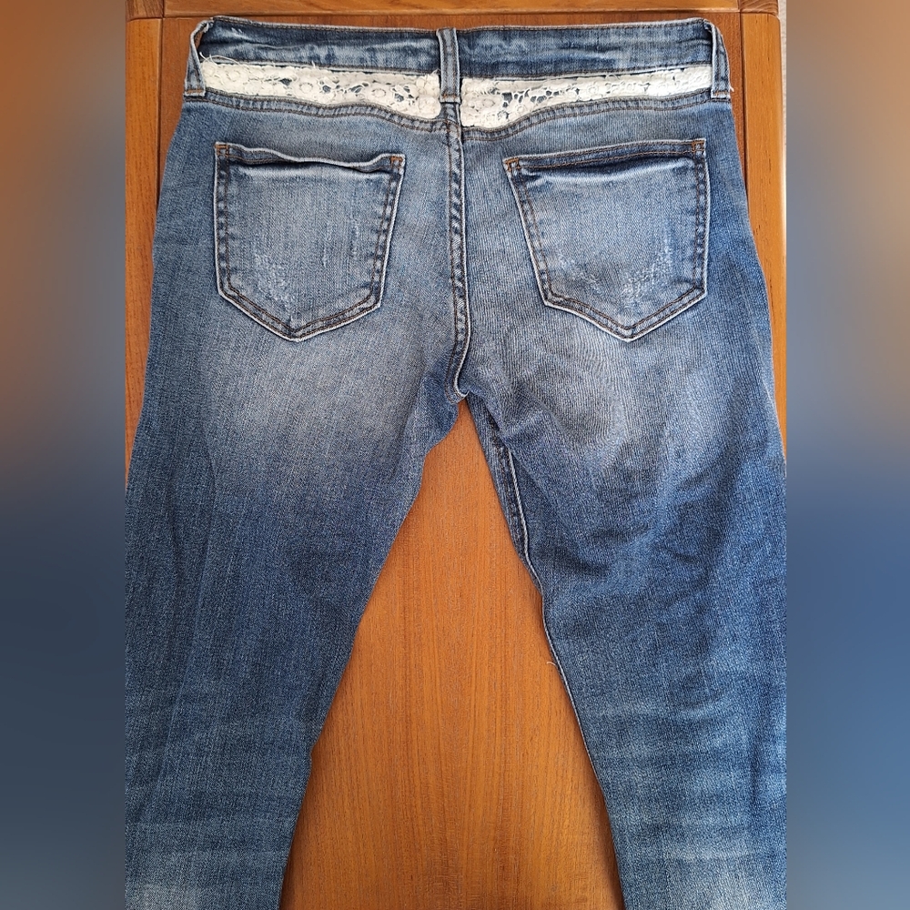 Crochet Trim Jeans Y2K Low Rise Straight Boyfriend Distressed Ankle Crop Women 0